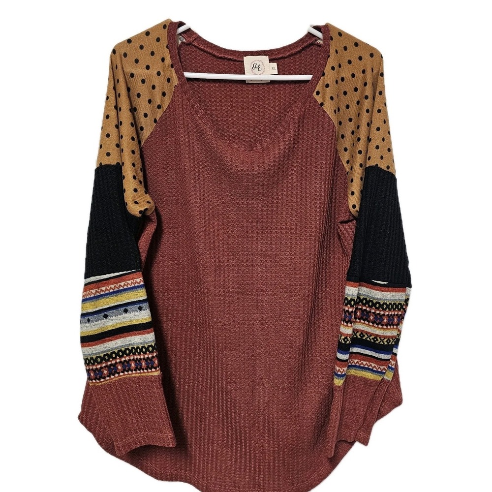 Womens XL GRACE & EMMA TOP Burnt Orange Waffle Knit Long Sleeve Warm EUC